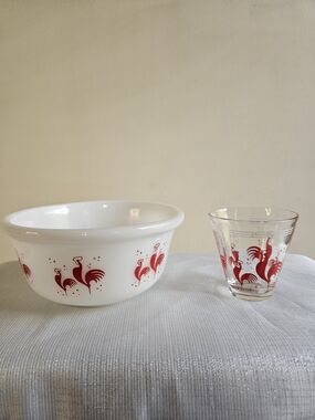 White Milk Glass Bowl and Clear Glass Tumbler In Red Rooster Pattern